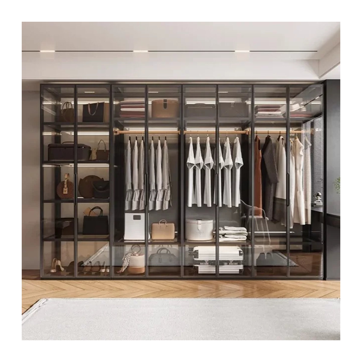 Moderner Vitrinenschrank MLG für dein Schlafzimmer mit Glasfront, Aluminiumlegierung und interner Beleuchtung, Schwarz, B/T/H: 60 x 60 x 200 cm - Bild 1