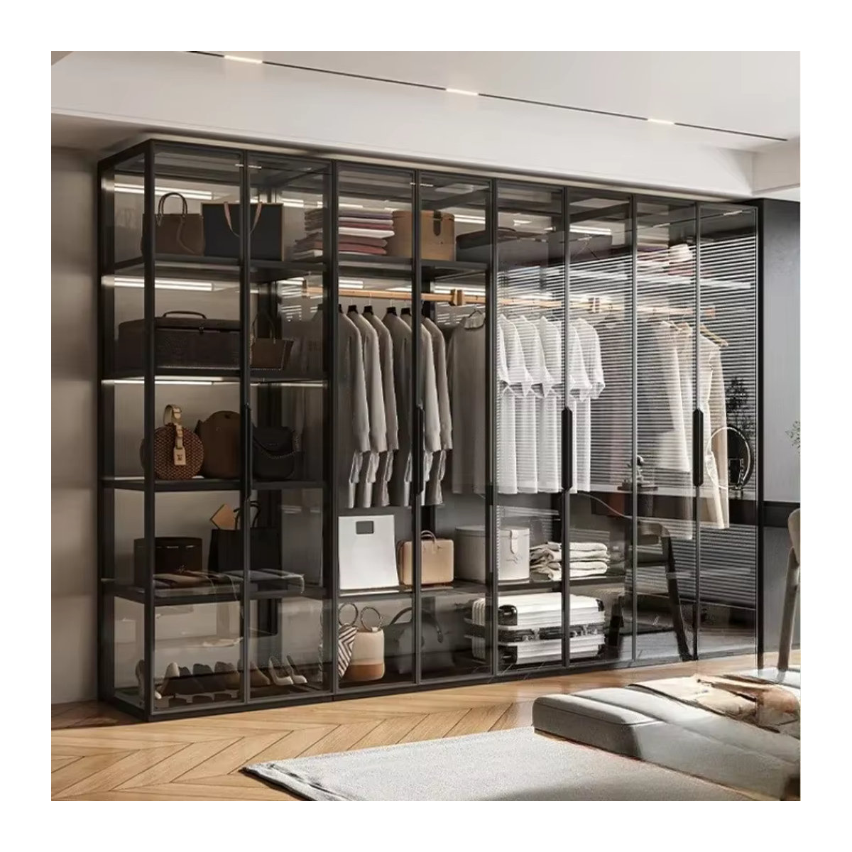 Moderner Vitrinenschrank MLG für dein Schlafzimmer mit Glasfront, Aluminiumlegierung und interner Beleuchtung, Schwarz, B/T/H: 60 x 60 x 200 cm - Bild 3