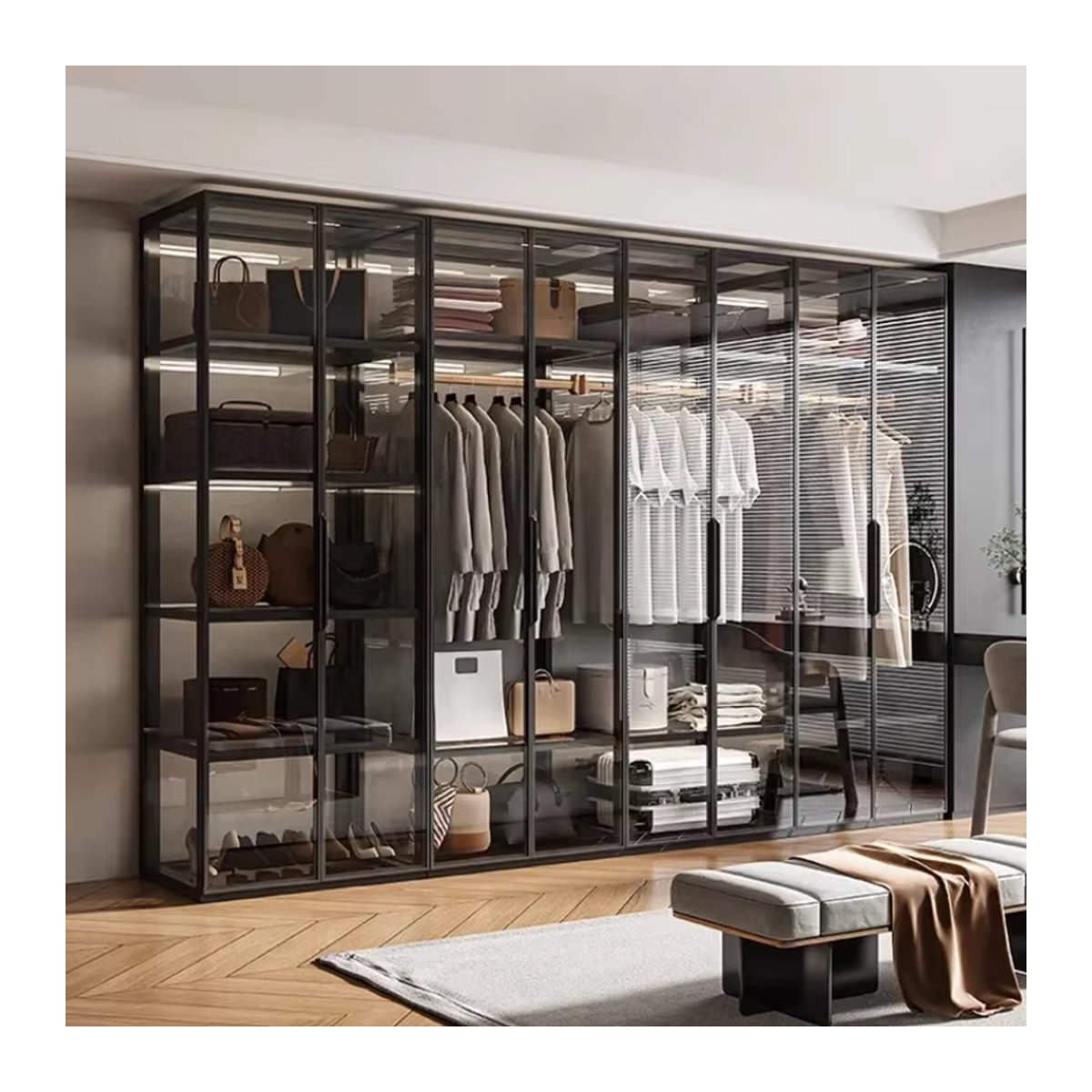 Moderner Vitrinenschrank MLG für dein Schlafzimmer mit Glasfront, Aluminiumlegierung und interner Beleuchtung, Schwarz, B/T/H: 60 x 60 x 200 cm - Bild 4