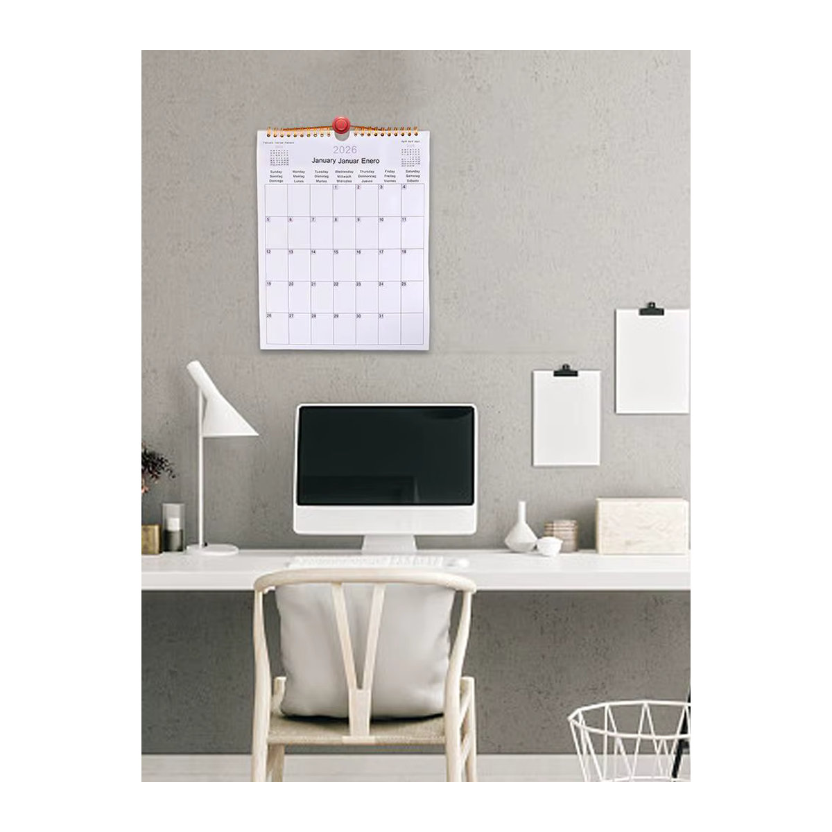 Moderner Wandkalender 2026 mit Spulenbindung in Weiß, 12 Monate mehrsprachiger Planer für Wohnung und Schlafzimmer - Bild 2