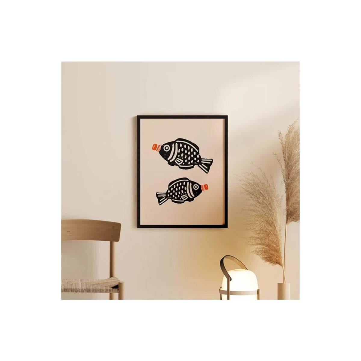 Moderner Wandkunstdruck für die Küche: Nordic Leinwandmalerei mit Gyoza, Ei und Sojasauce in Rot und Beige, rechteckiges Hochformat, rahmenlos - Bild 3