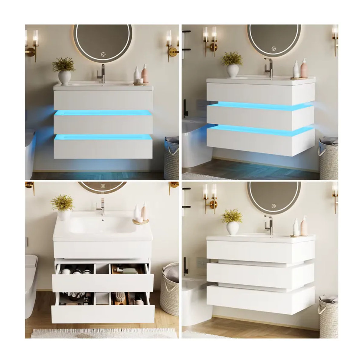 Moderner weißer Badezimmerschrank zur Wandmontage mit Keramik-Waschtischunterschrank und Soft-Close-Schubladen - Bild 1