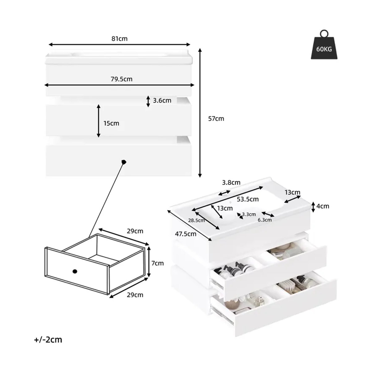 Moderner weißer Badezimmerschrank zur Wandmontage mit Keramik-Waschtischunterschrank und Soft-Close-Schubladen - Bild 2