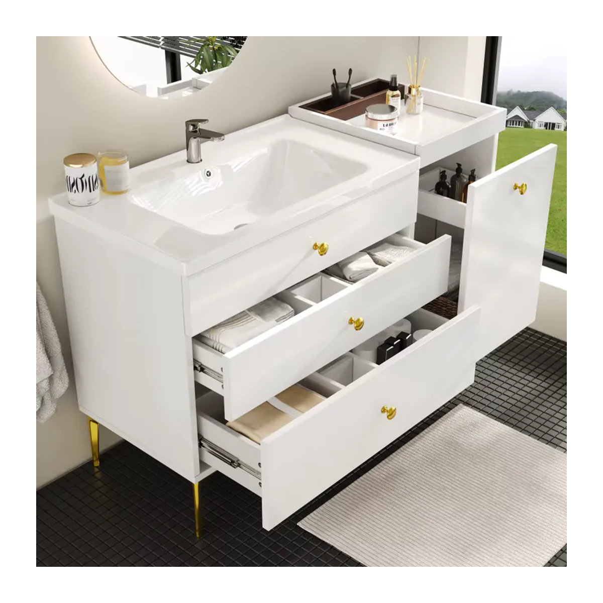 Moderner weißer Badezimmerschrank zur Wandmontage mit Keramik-Waschtischunterschrank und Soft-Close-Schubladen - Bild 3