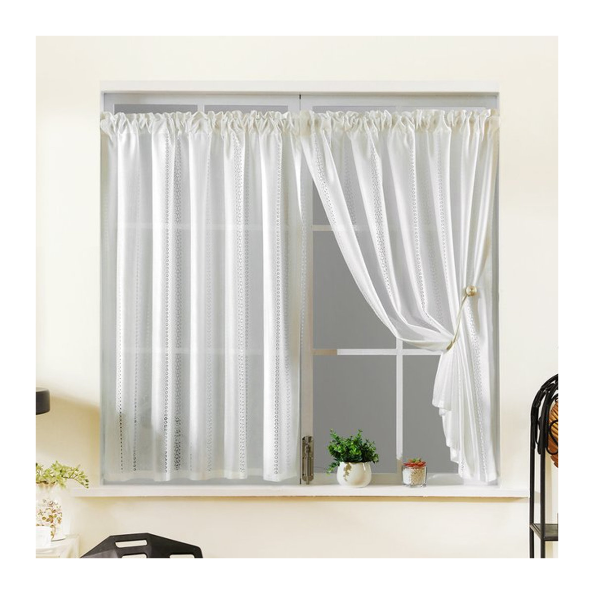 Moderner weißer Kurzvorhang aus Polyester mit Streifenmuster und Stangentasche für Fenster, Türen und Schränke - Bild 1