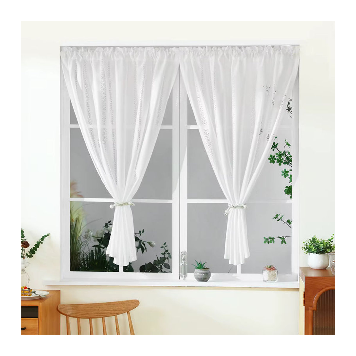 Moderner weißer Kurzvorhang aus Polyester mit Streifenmuster und Stangentasche für Fenster, Türen und Schränke - Bild 4