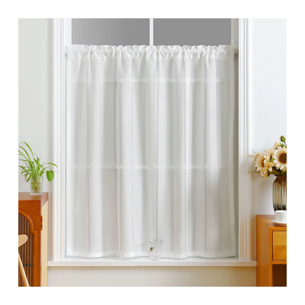 Moderner weißer Kurzvorhang aus Polyester mit Streifenmuster und Stangentasche für Fenster, Türen und Schränke - Bild 5
