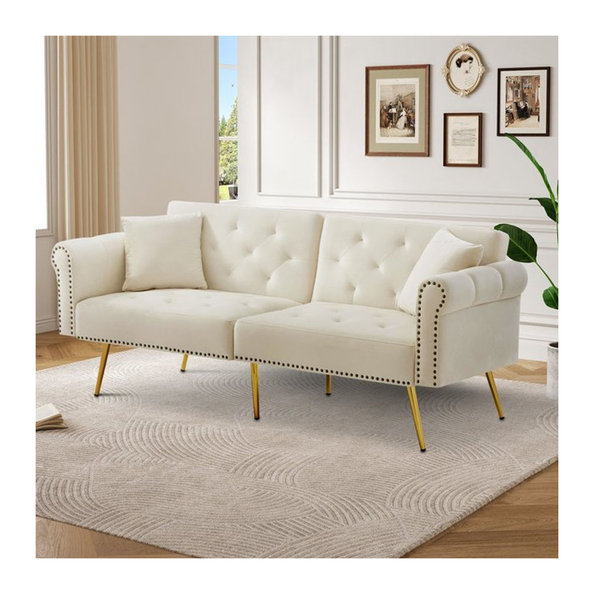 Modernes 2-Sitzer-Schlafsofa aus Samt in Beige mit vergoldeten Metallfüßen und Schlaffunktion - Bild 1