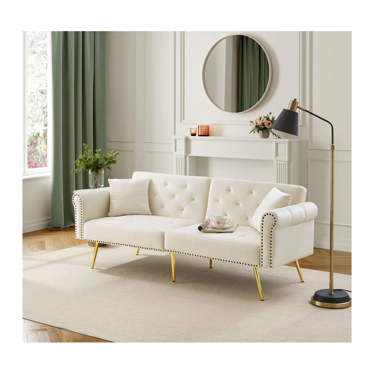 Modernes 2-Sitzer-Schlafsofa aus Samt in Beige mit vergoldeten Metallfüßen und Schlaffunktion - Bild 2