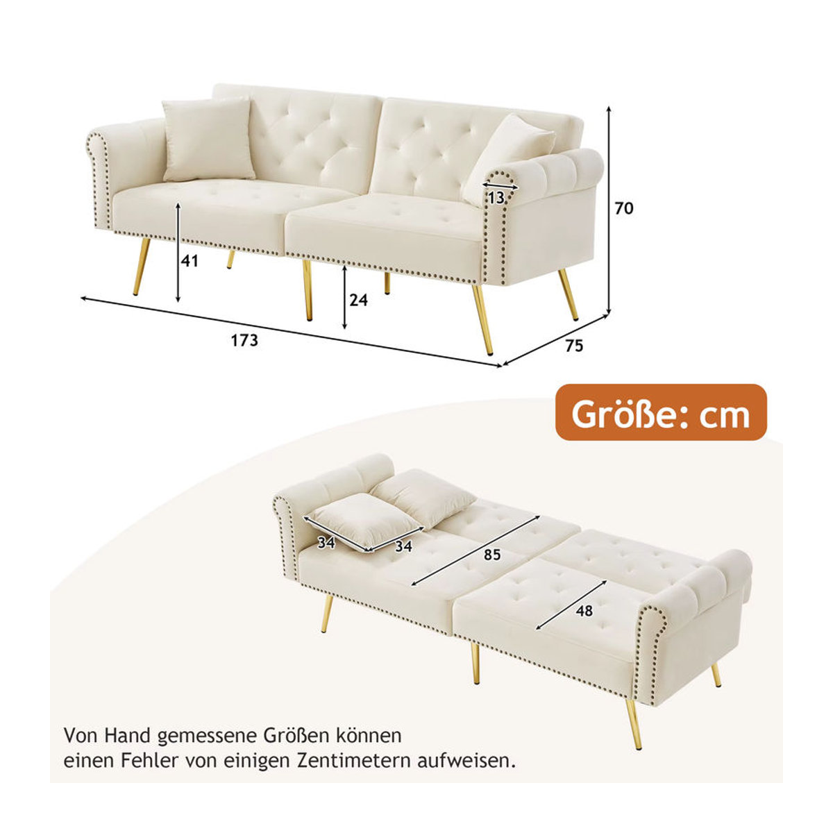 Modernes 2-Sitzer-Schlafsofa aus Samt in Beige mit vergoldeten Metallfüßen und Schlaffunktion - Bild 3