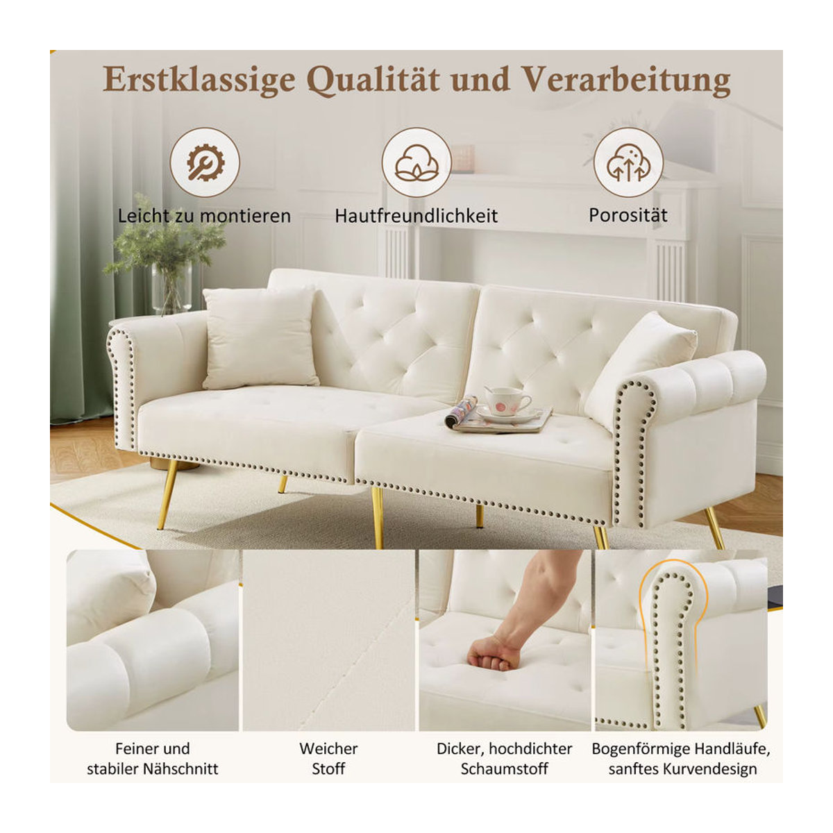 Modernes 2-Sitzer-Schlafsofa aus Samt in Beige mit vergoldeten Metallfüßen und Schlaffunktion - Bild 4