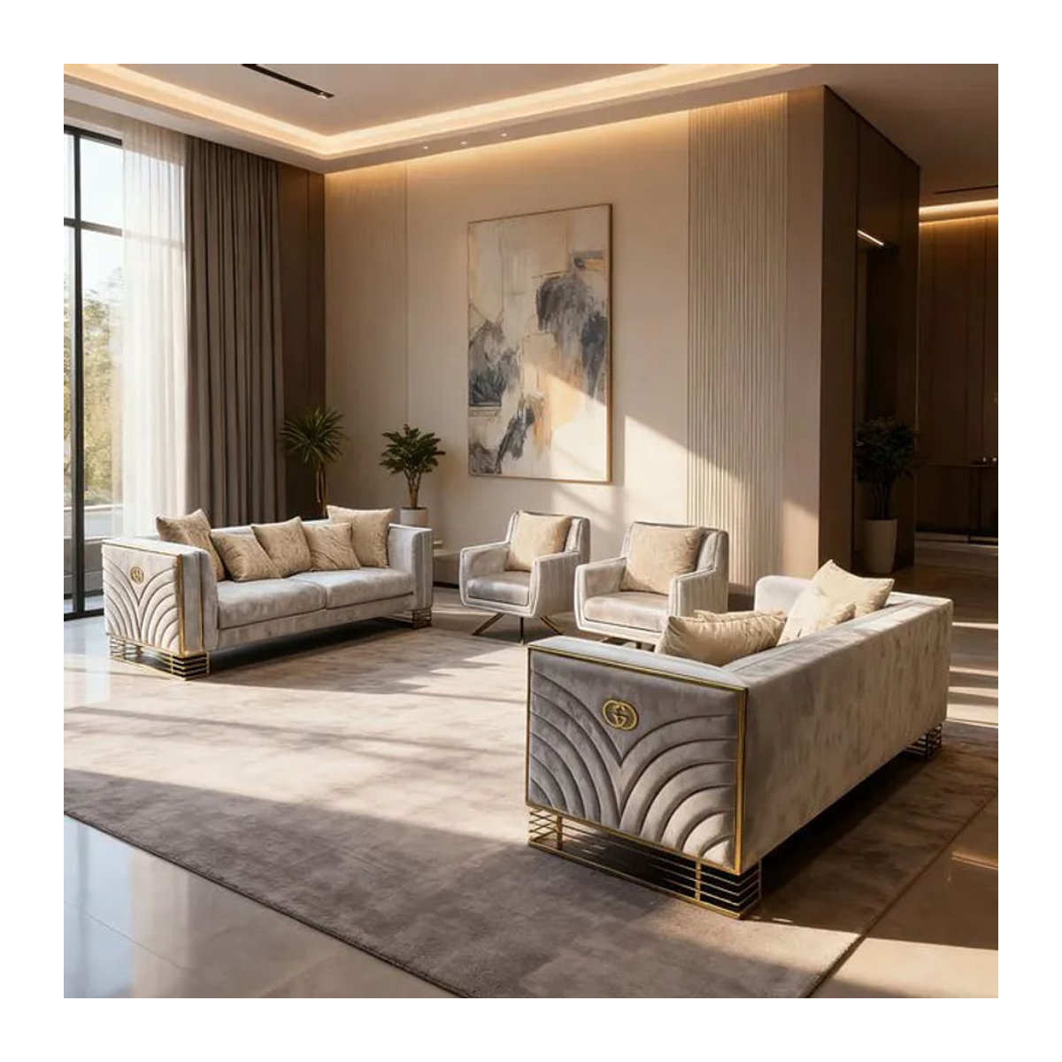 Modernes 2-Sitzer Sofa-Set im türkischen Stil aus grauem Samt mit Goldstahl-Dekoration - Bild 1