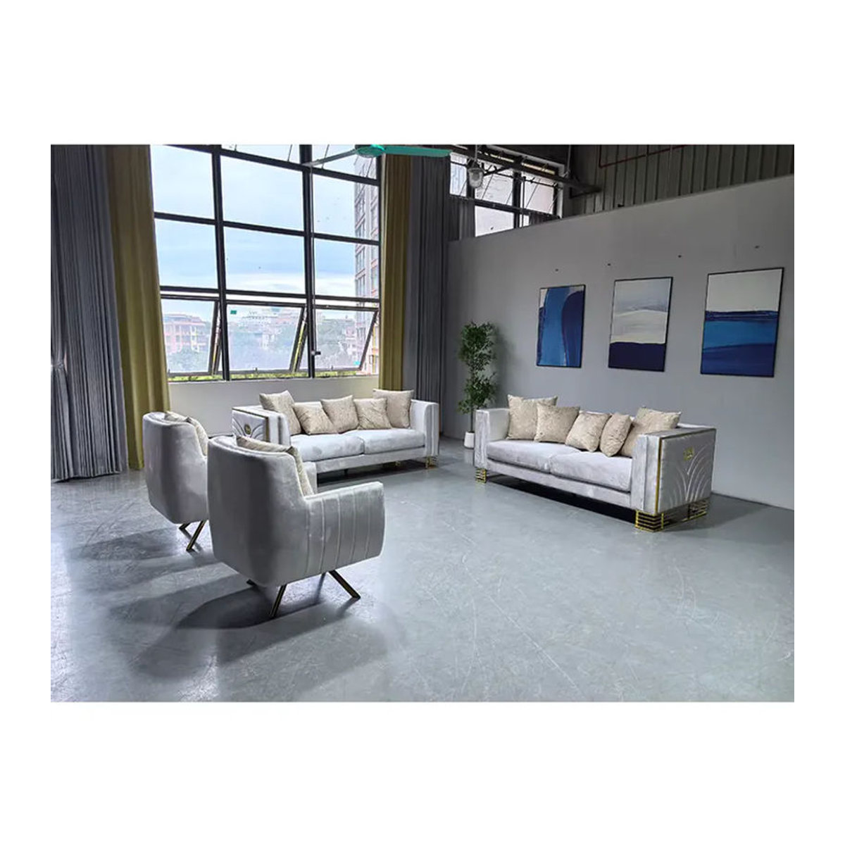 Modernes 2-Sitzer Sofa-Set im türkischen Stil aus grauem Samt mit Goldstahl-Dekoration - Bild 2