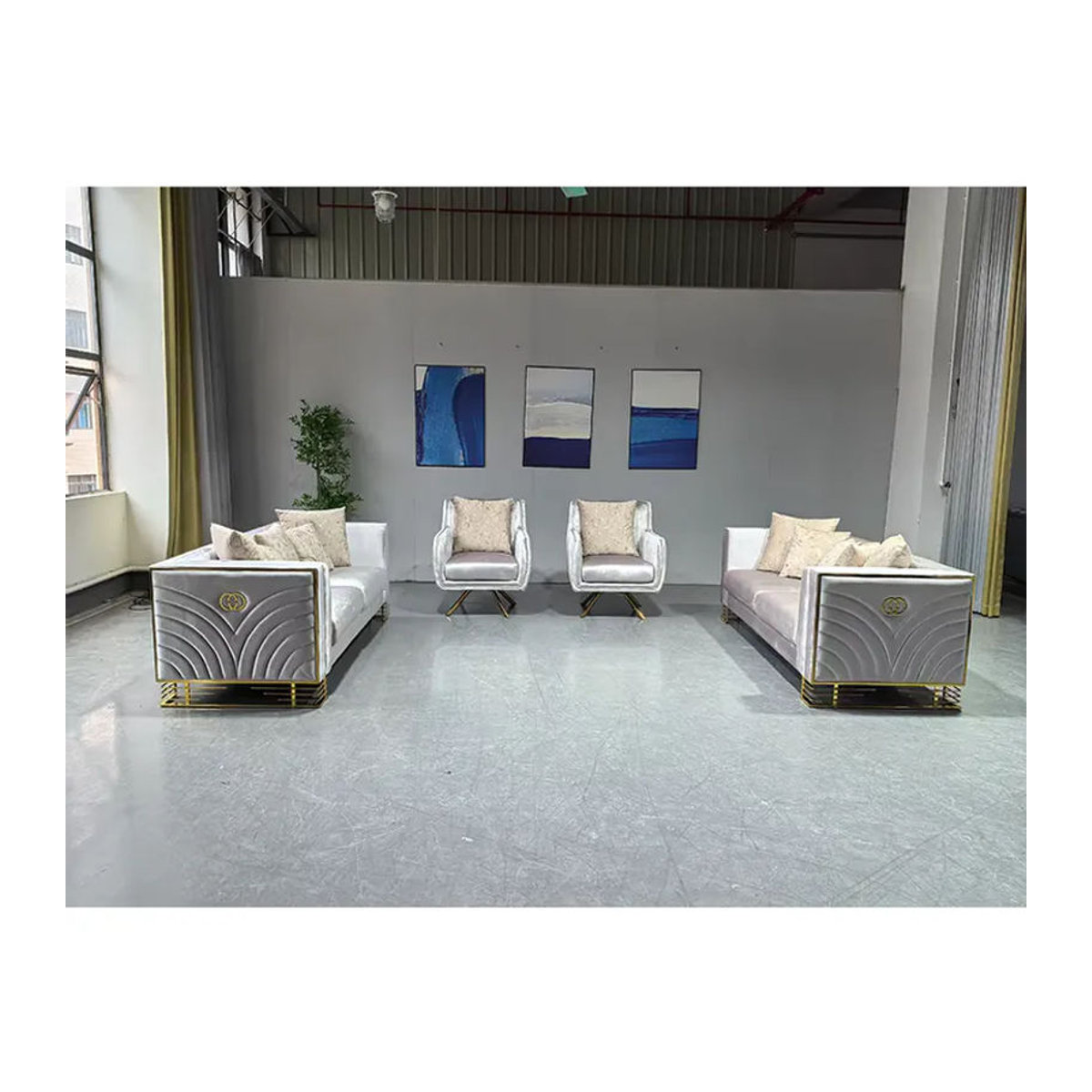 Modernes 2-Sitzer Sofa-Set im türkischen Stil aus grauem Samt mit Goldstahl-Dekoration - Bild 3