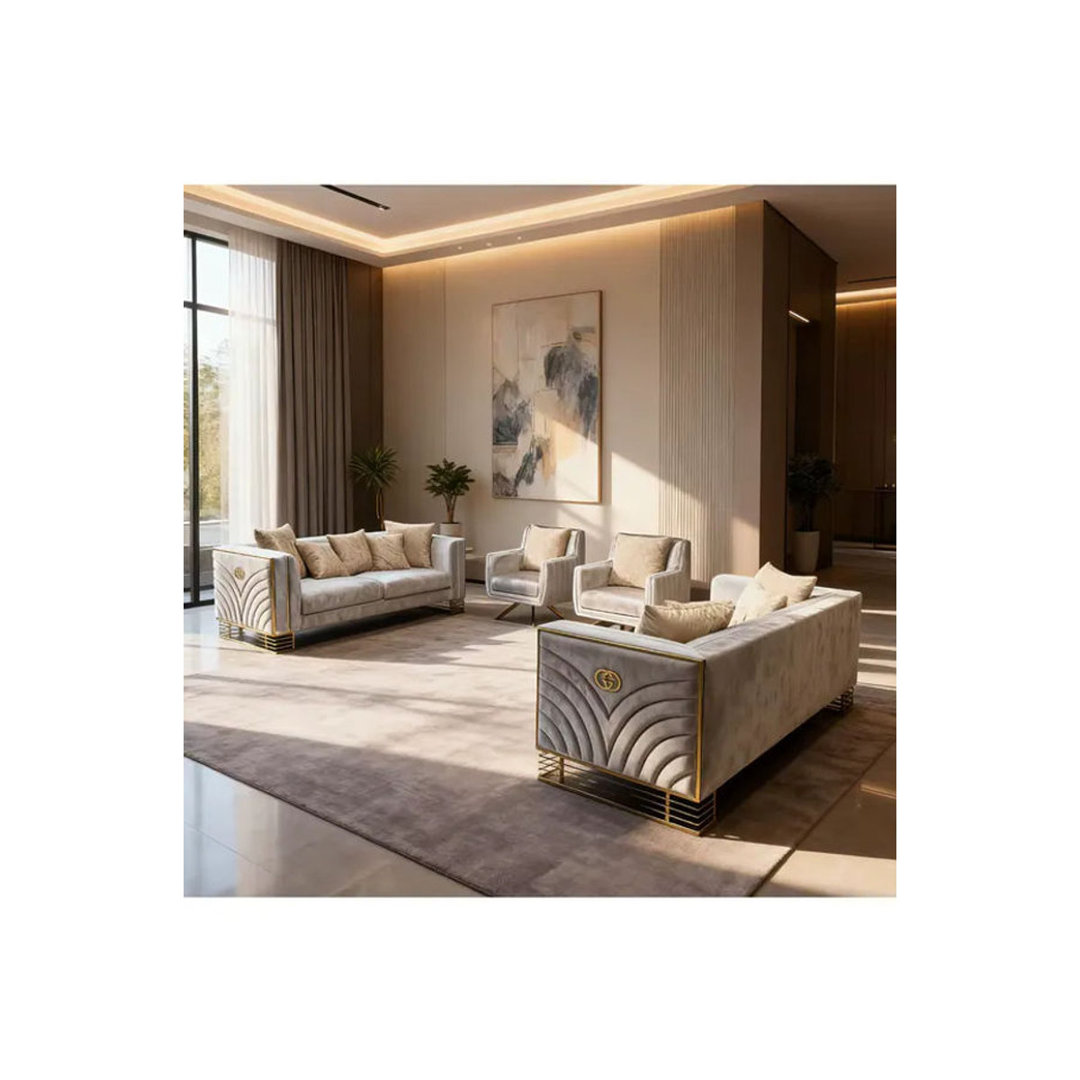 Modernes 2-Sitzer Sofa-Set im türkischen Stil aus grauem Samt mit Goldstahl-Dekoration - Bild 4