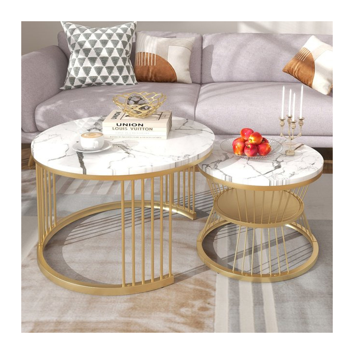 Modernes 2er-Set runder Couchtische mit Stauraum in Schwarz und Marmor-Optik - Bild 1