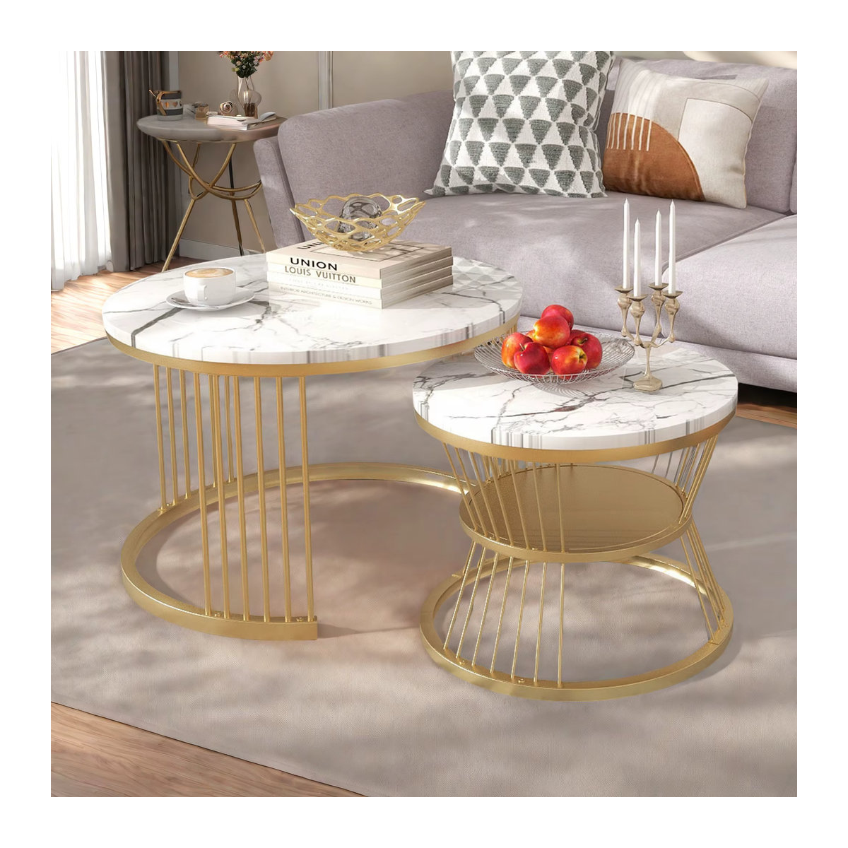 Modernes 2er-Set runder Couchtische mit Stauraum in Schwarz und Marmor-Optik - Bild 2