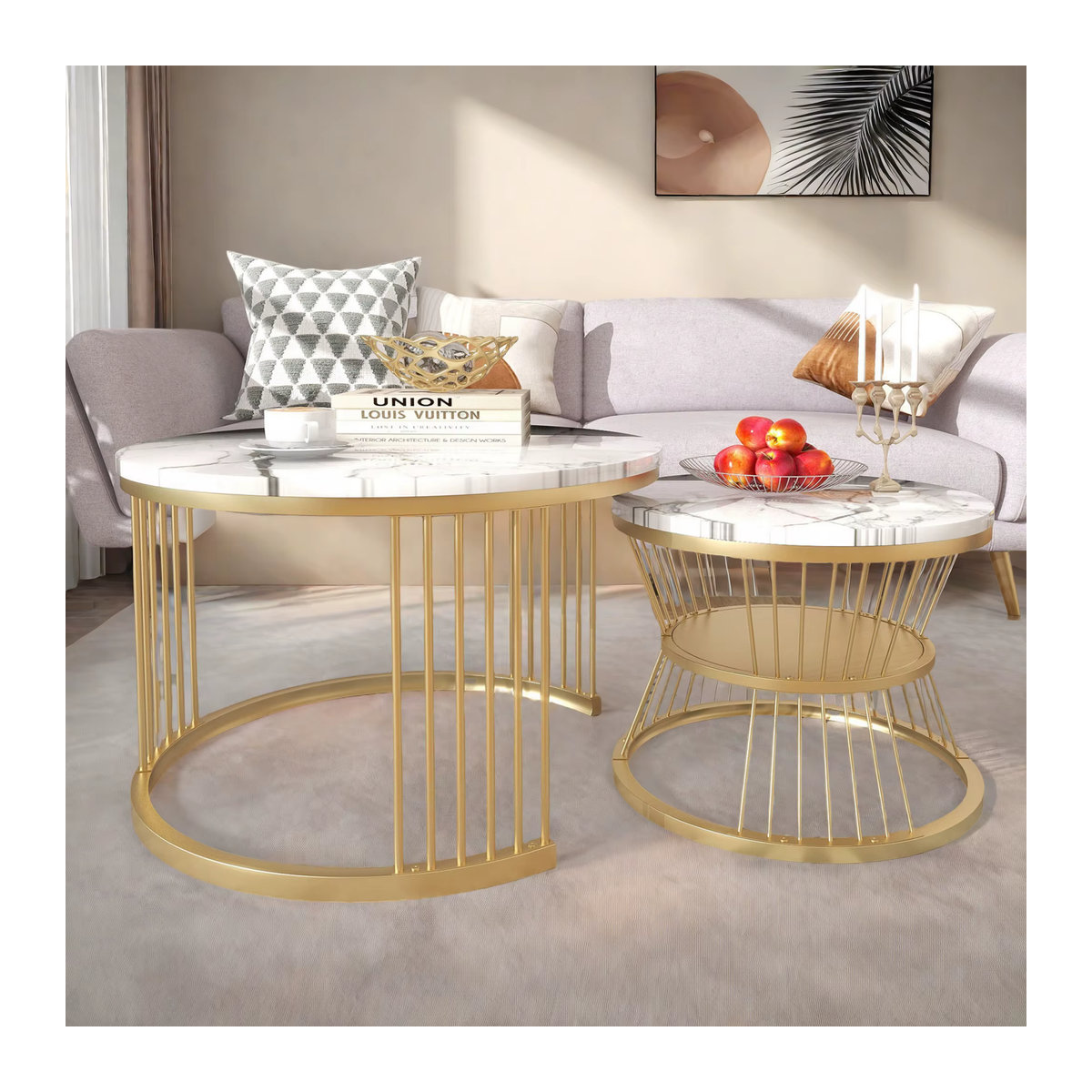 Modernes 2er-Set runder Couchtische mit Stauraum in Schwarz und Marmor-Optik - Bild 4