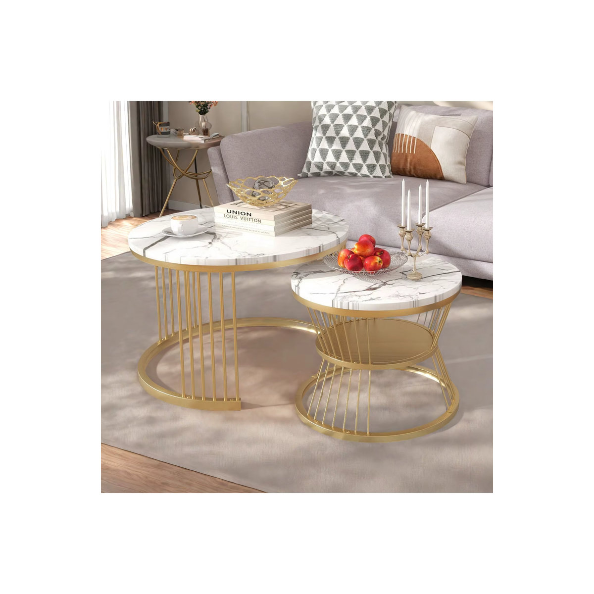 Modernes 2er-Set runder Couchtische mit Stauraum in Schwarz und Marmor-Optik - Bild 5
