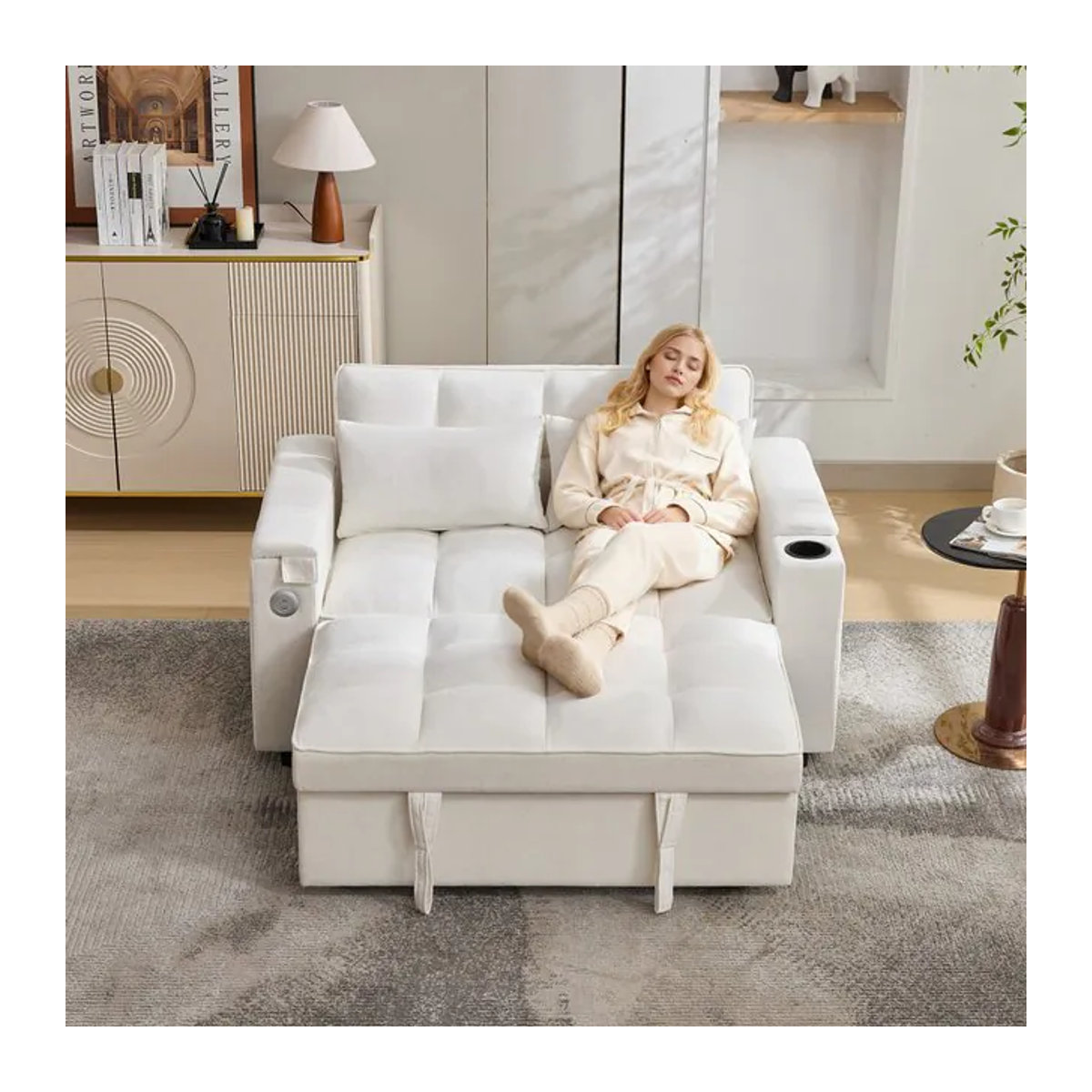 Modernes 3-in-1 Schlafsofa aus Kunstleder mit verstellbarer Rückenlehne, USB-Ladeanschluss und verstecktem Tisch in Beige oder Weiß - Bild 1