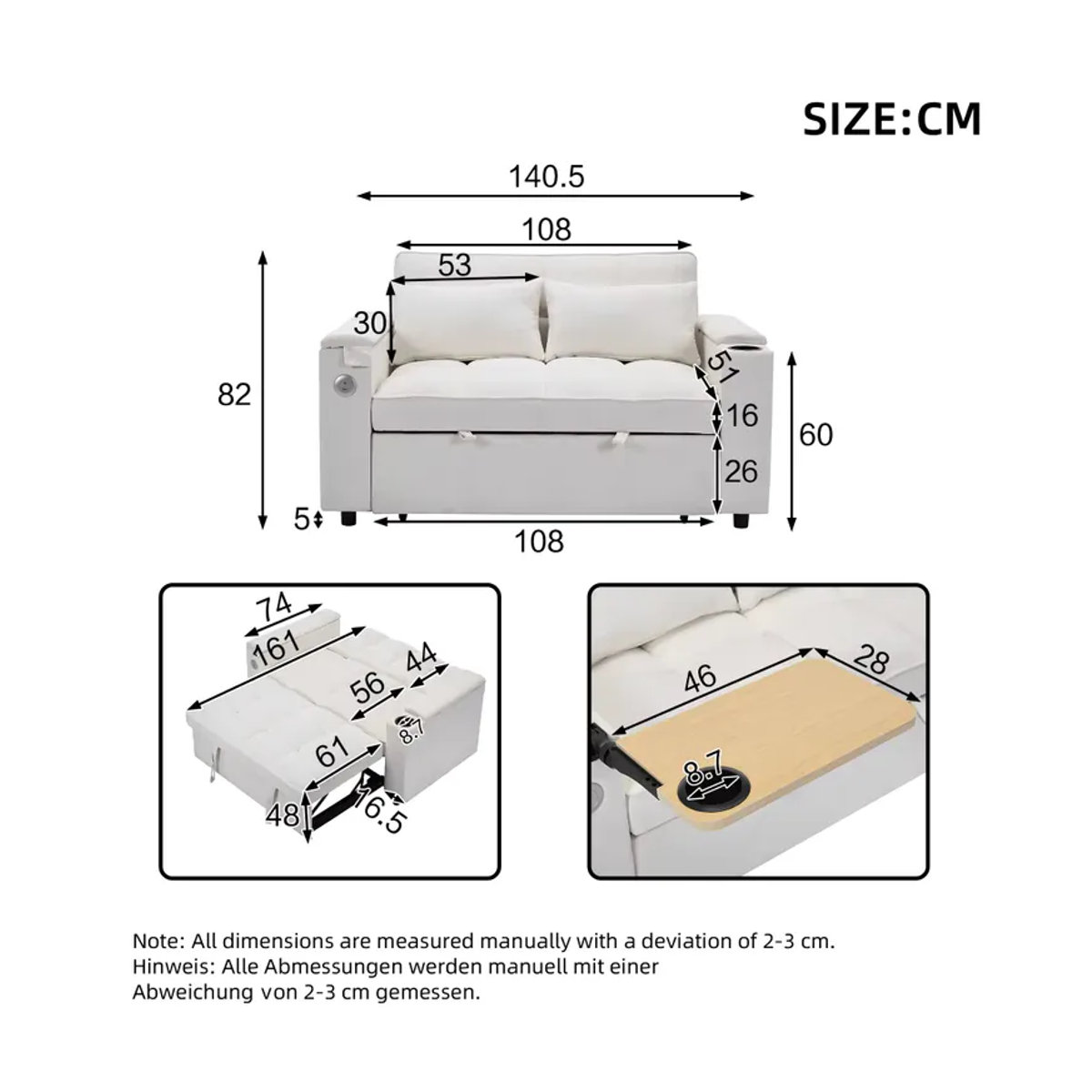 Modernes 3-in-1 Schlafsofa aus Kunstleder mit verstellbarer Rückenlehne, USB-Ladeanschluss und verstecktem Tisch in Beige oder Weiß - Bild 2