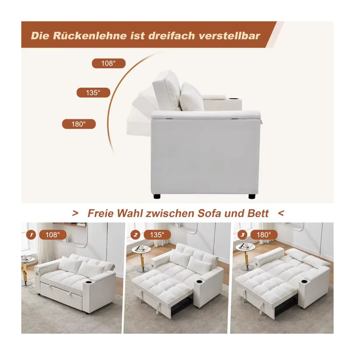 Modernes 3-in-1 Schlafsofa aus Kunstleder mit verstellbarer Rückenlehne, USB-Ladeanschluss und verstecktem Tisch in Beige oder Weiß - Bild 3