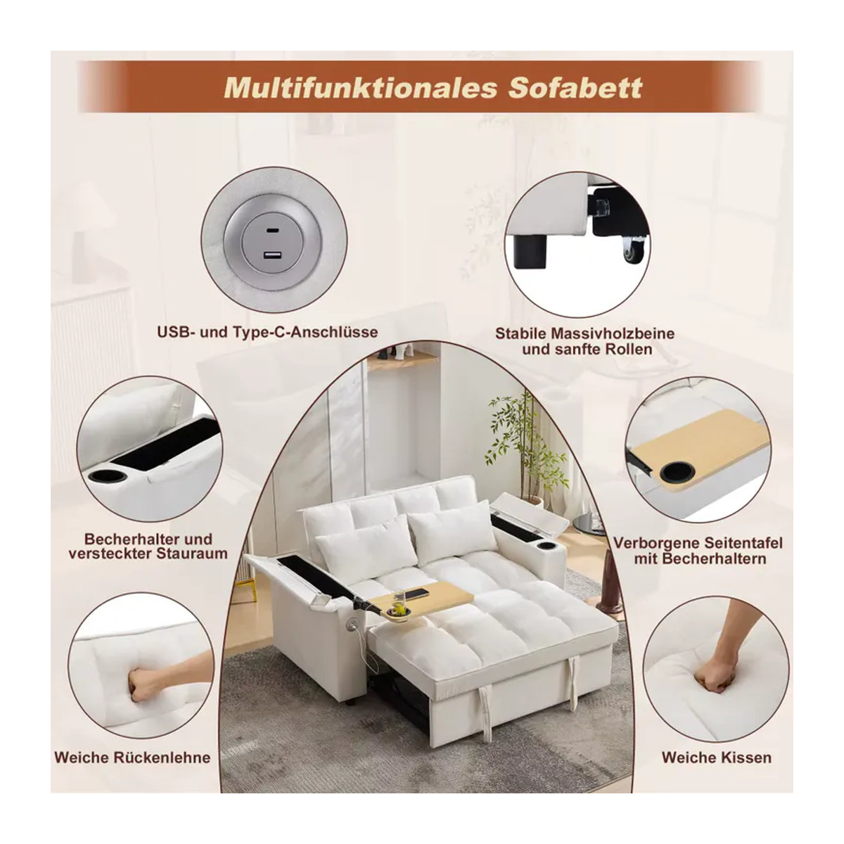 Modernes 3-in-1 Schlafsofa aus Kunstleder mit verstellbarer Rückenlehne, USB-Ladeanschluss und verstecktem Tisch in Beige oder Weiß - Bild 4
