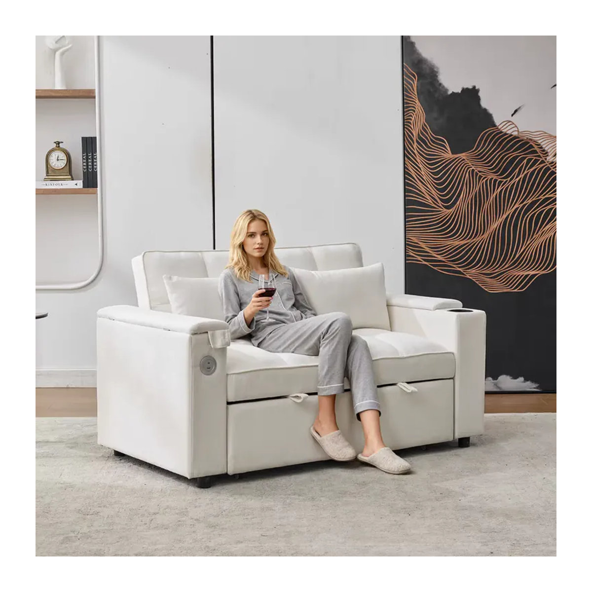 Modernes 3-in-1 Schlafsofa aus Kunstleder mit verstellbarer Rückenlehne, USB-Ladeanschluss und verstecktem Tisch in Beige oder Weiß - Bild 5