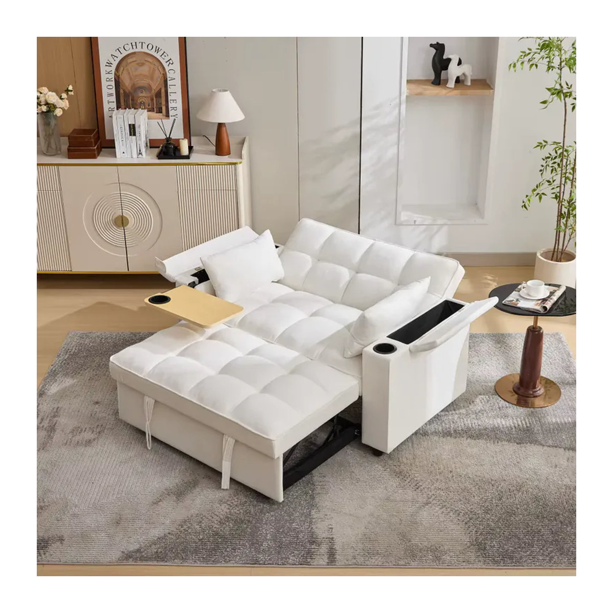 Modernes 3-in-1 Schlafsofa aus Kunstleder mit verstellbarer Rückenlehne, USB-Ladeanschluss und verstecktem Tisch in Beige oder Weiß - Bild 6