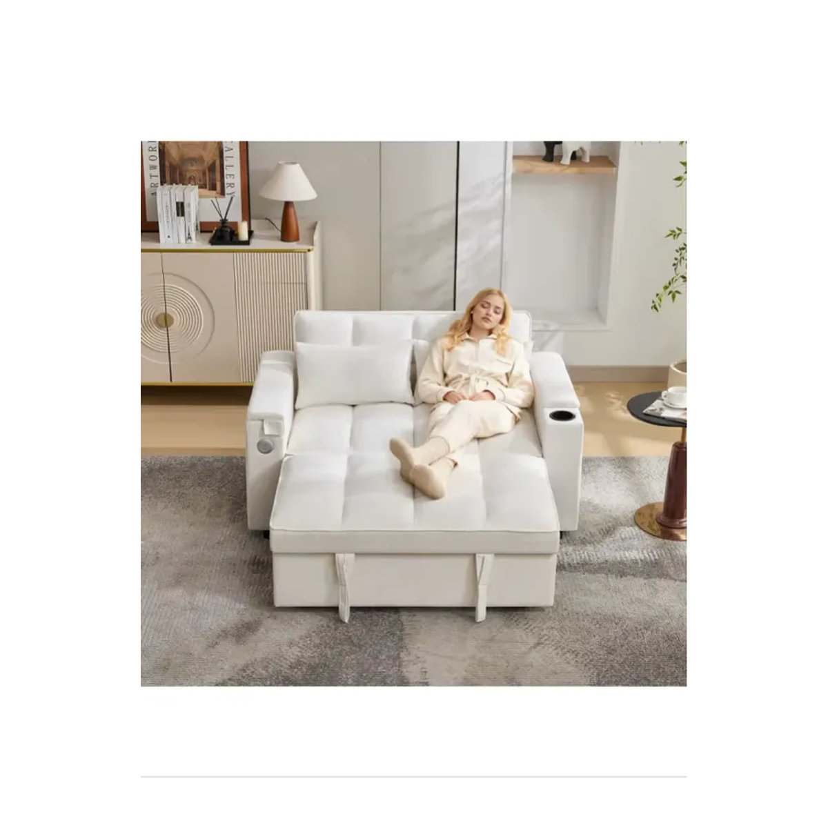 Modernes 3-in-1 Schlafsofa aus Kunstleder mit verstellbarer Rückenlehne, USB-Ladeanschluss und verstecktem Tisch in Beige oder Weiß - Bild 7