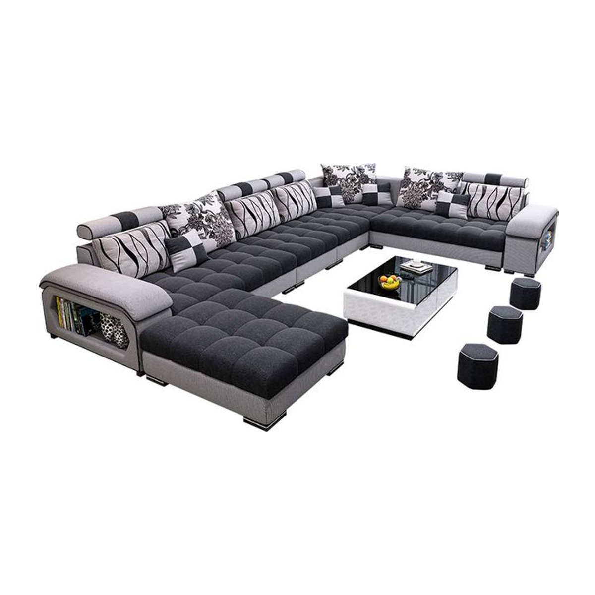 Modernes 7-Sitzer Wohnzimmer-Sofagarnitur in U-Form aus Stoff mit USB-Anschluss in Weiß und Grau - Bild 1