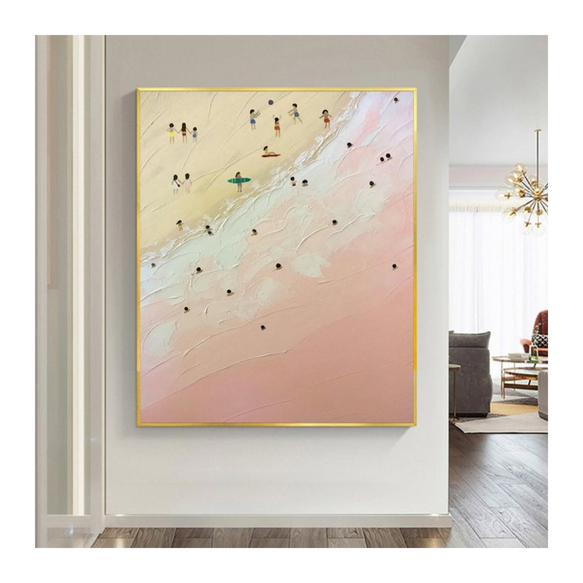 Modernes abstraktes Ölgemälde auf Leinwand als Wandkunst mit Ozean-Motiv in Rosa im Hochformat - Bild 1