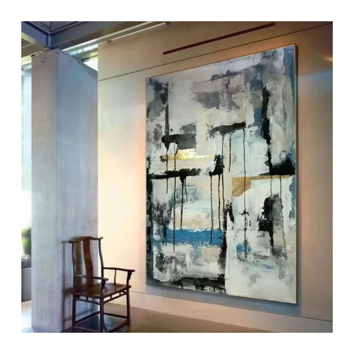 Modernes abstraktes Wandbild Potdemiel in Grau-Gold als handgemaltes strukturiertes Acryl- und Ölgemälde im Tropfen-Stil - Bild 2