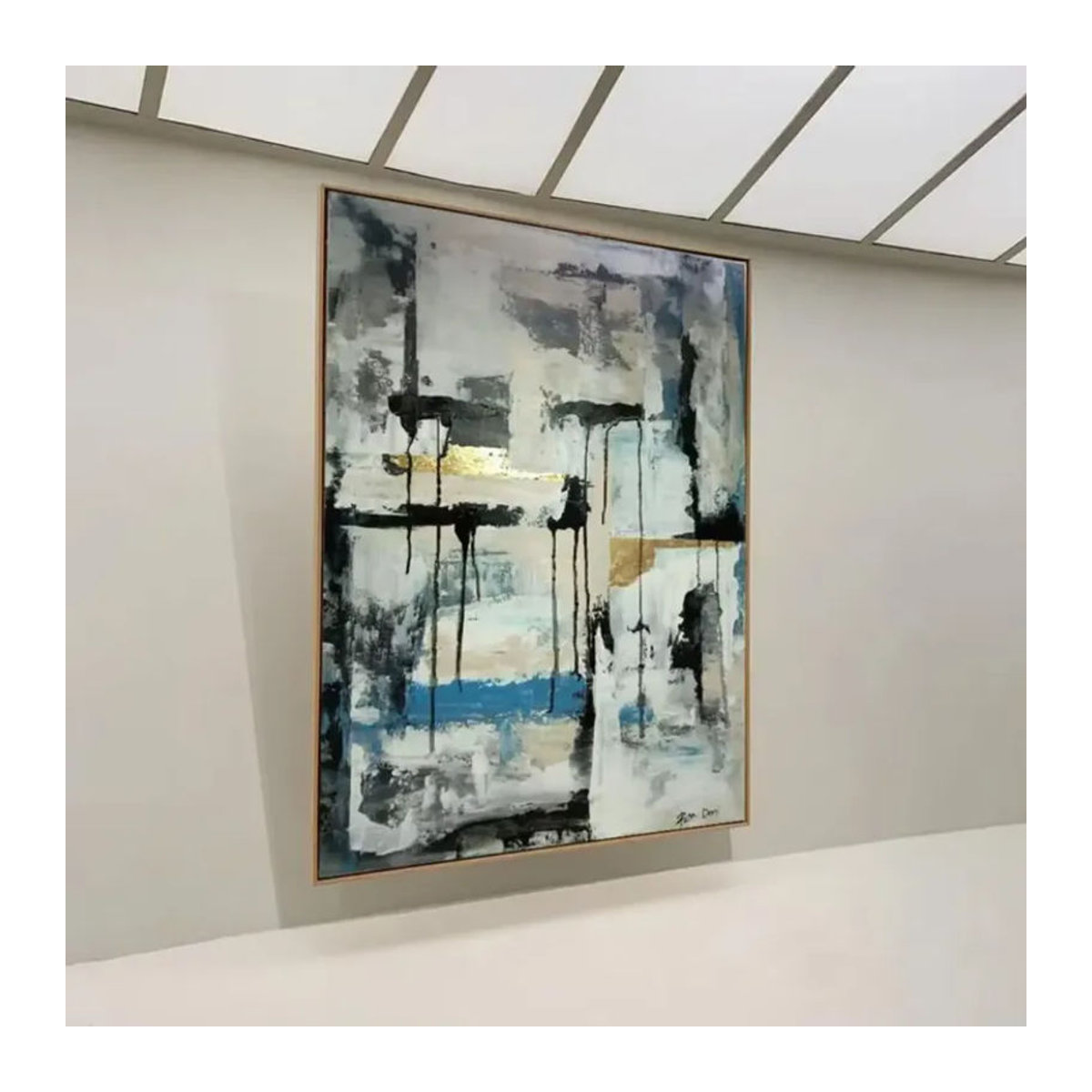 Modernes abstraktes Wandbild Potdemiel in Grau-Gold als handgemaltes strukturiertes Acryl- und Ölgemälde im Tropfen-Stil - Bild 3