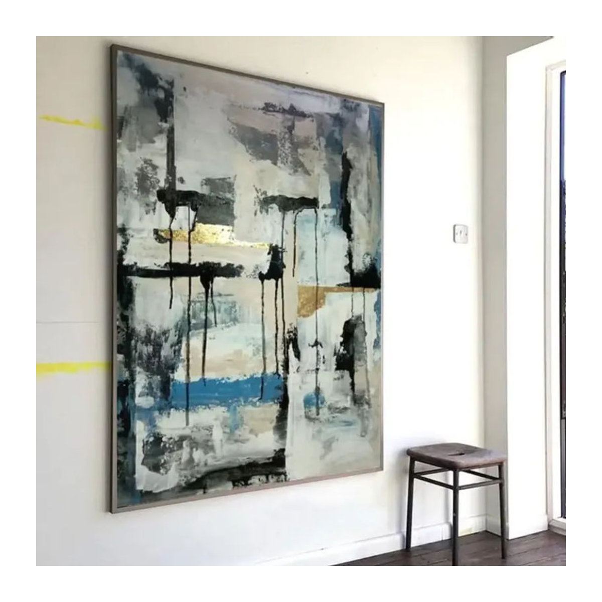 Modernes abstraktes Wandbild Potdemiel in Grau-Gold als handgemaltes strukturiertes Acryl- und Ölgemälde im Tropfen-Stil - Bild 4