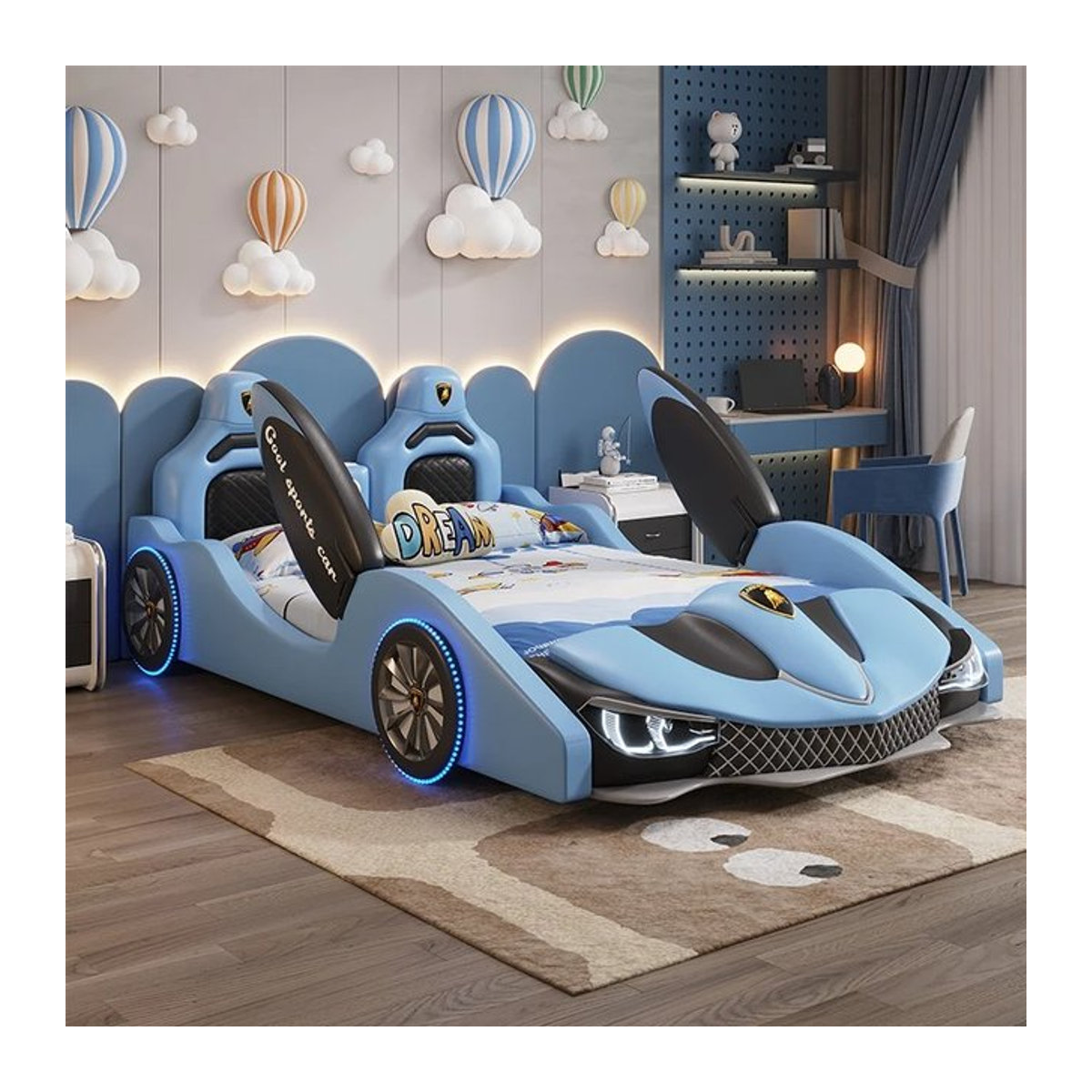 Modernes Babybett mit Schreibtischbeleuchtung und Matratze in Blau für Mädchen und Jungen, B/T/H: 200 x 120 x 120 cm - Bild 1