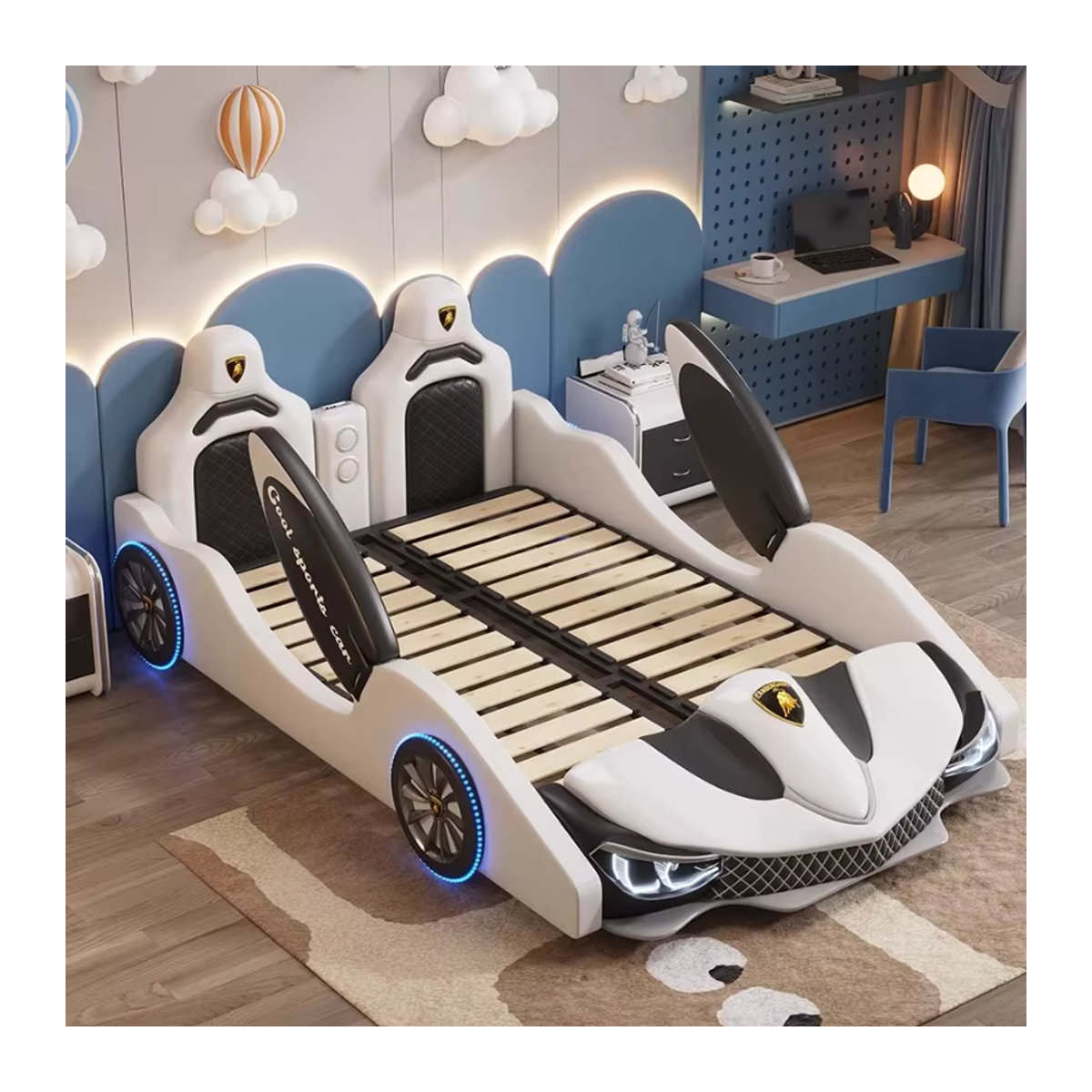 Modernes Babybett mit Schreibtischbeleuchtung und Matratze in Blau für Mädchen und Jungen, B/T/H: 200 x 120 x 120 cm - Bild 3