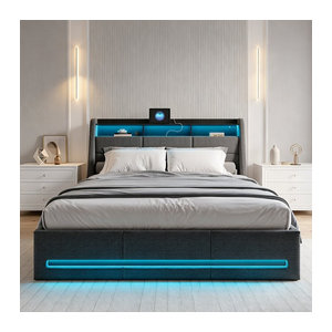 Modernes Boxspringbett mit LED-Beleuchtung und Kopfteil in Grau, B/T: 140 x 190 cm, mit hydraulischem Stauraum