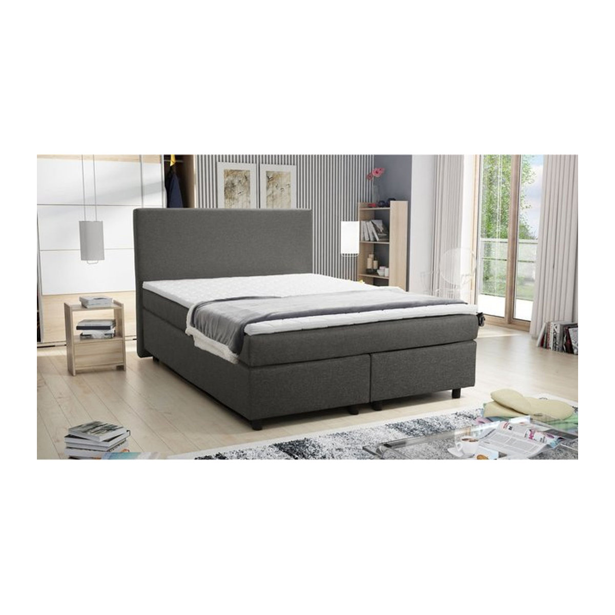 Modernes Boxspringbett Paxos mit Bonellfederkern und Topper in Grau, B/T/H: 140 x 200 cm - Bild 1