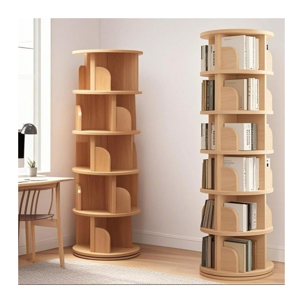 Modernes Bücherregal aus massivem Holz in Natur/Braun, 360 Grad rotierendes und mobiles Aufbewahrungsregal mit Rädern, freistehend - Bild 1