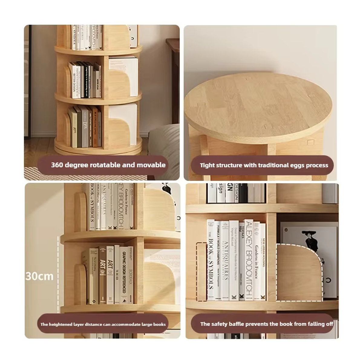 Modernes Bücherregal aus massivem Holz in Natur/Braun, 360 Grad rotierendes und mobiles Aufbewahrungsregal mit Rädern, freistehend - Bild 2