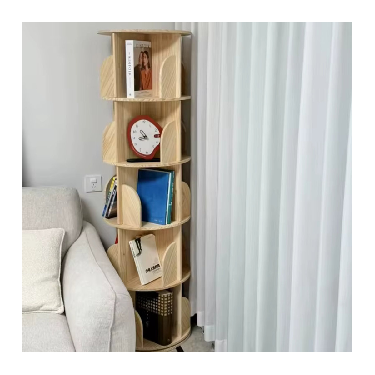 Modernes Bücherregal aus massivem Holz in Natur/Braun, 360 Grad rotierendes und mobiles Aufbewahrungsregal mit Rädern, freistehend - Bild 3