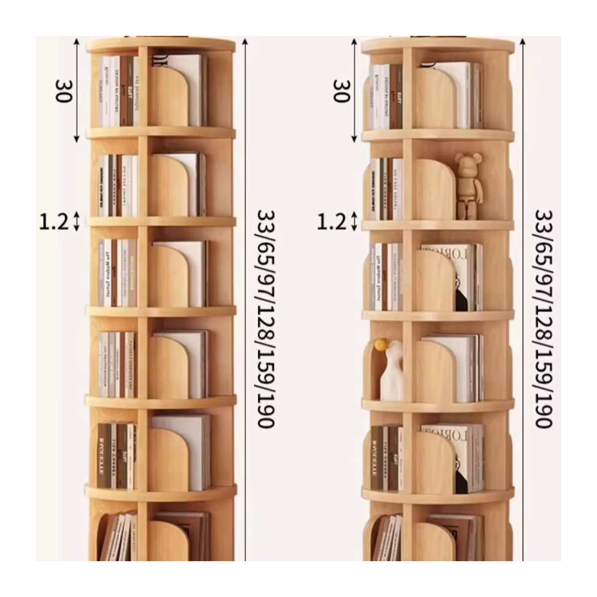 Modernes Bücherregal aus massivem Holz in Natur/Braun, 360 Grad rotierendes und mobiles Aufbewahrungsregal mit Rädern, freistehend - Bild 5