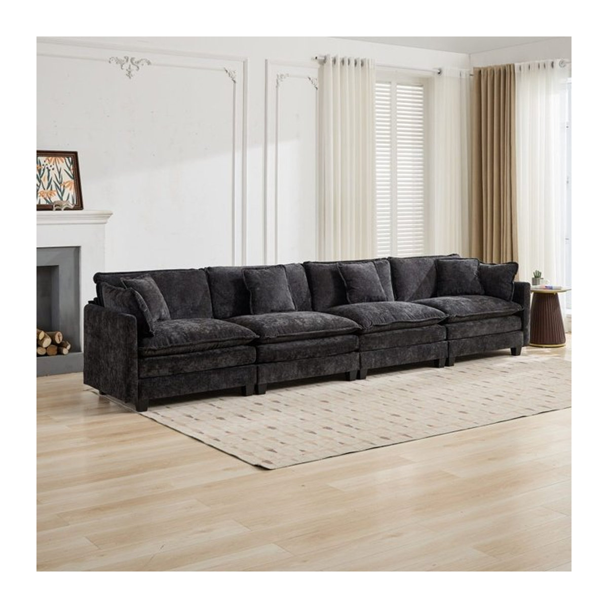 Modernes Cloud-Sofa als 4-Sitzer mit Hocker, modularer Samt-Couch in Schwarz oder Anthrazit mit gepolstertem Rahmen - Bild 1