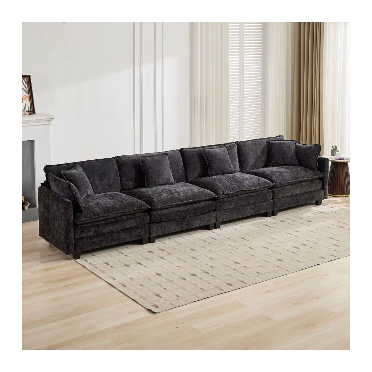 Modernes Cloud-Sofa als 4-Sitzer mit Hocker, modularer Samt-Couch in Schwarz oder Anthrazit mit gepolstertem Rahmen - Bild 4