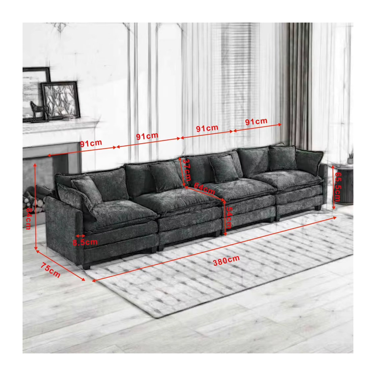 Modernes Cloud-Sofa als 4-Sitzer mit Hocker, modularer Samt-Couch in Schwarz oder Anthrazit mit gepolstertem Rahmen - Bild 5