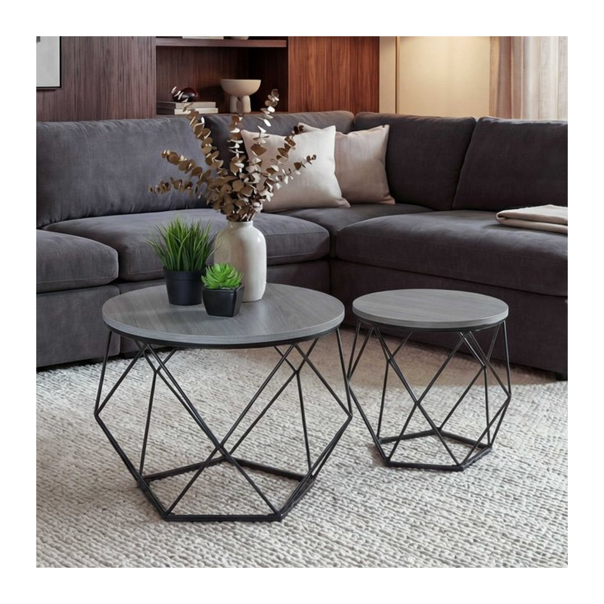 Modernes Couchtisch-Set MCW-L37 in runder Form aus Metall und Holz in Grau - Bild 1