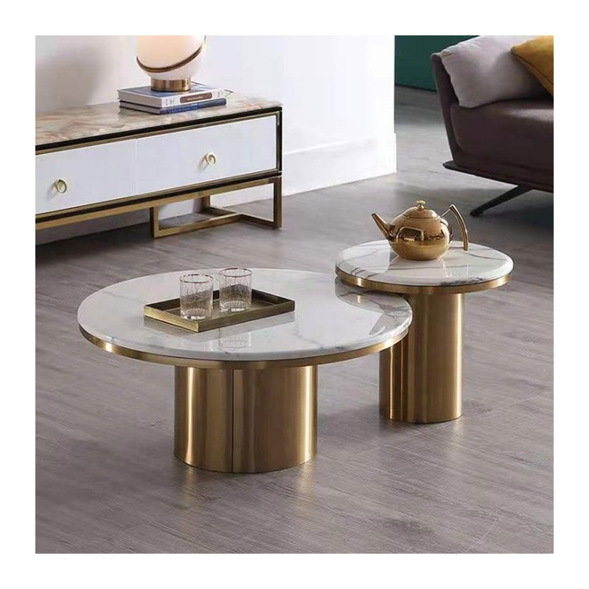 Modernes Couchtisch-Set von XMSJ mit Marmorplatte und goldenem Edelstahl in Weiß und Gold - Bild 1