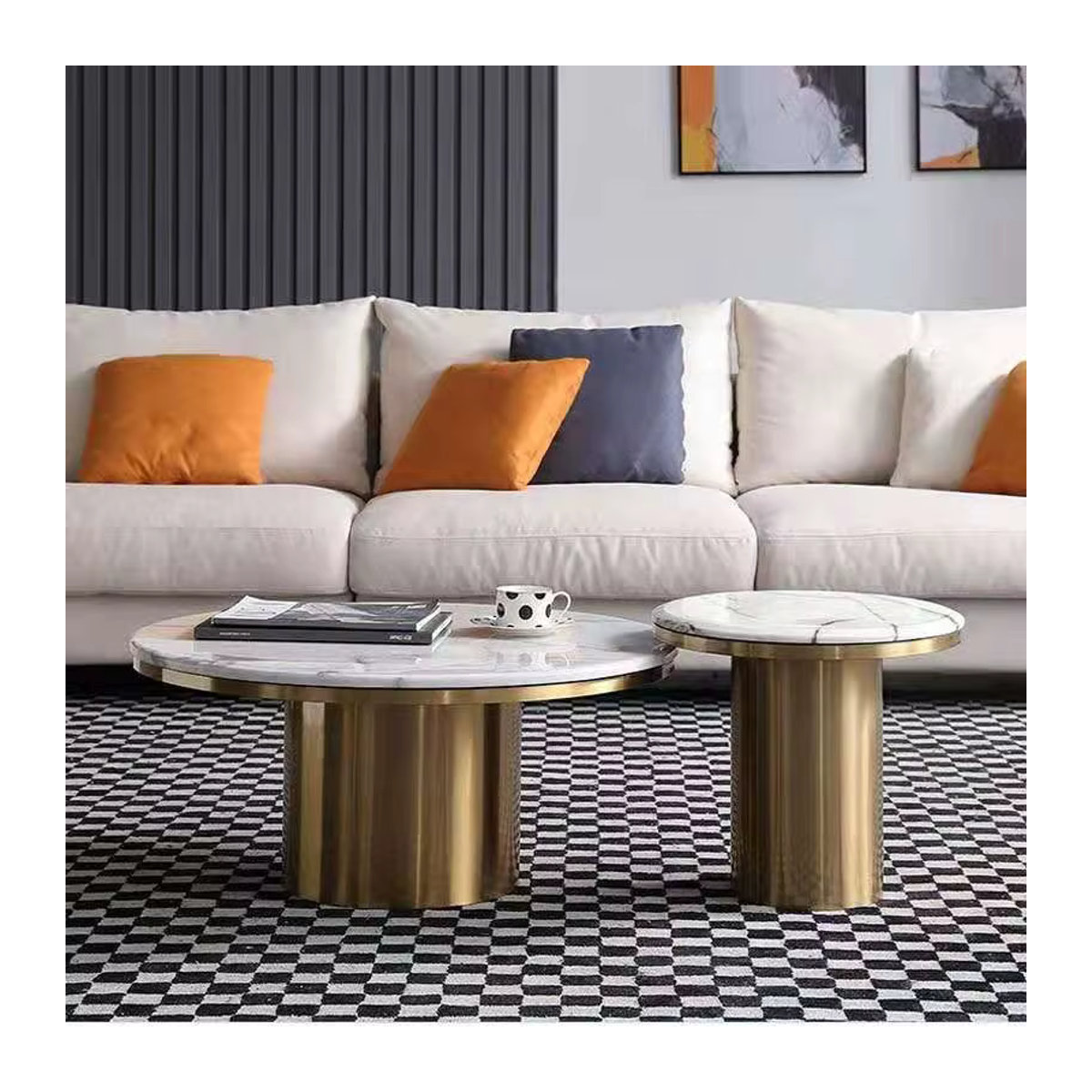 Modernes Couchtisch-Set von XMSJ mit Marmorplatte und goldenem Edelstahl in Weiß und Gold - Bild 2