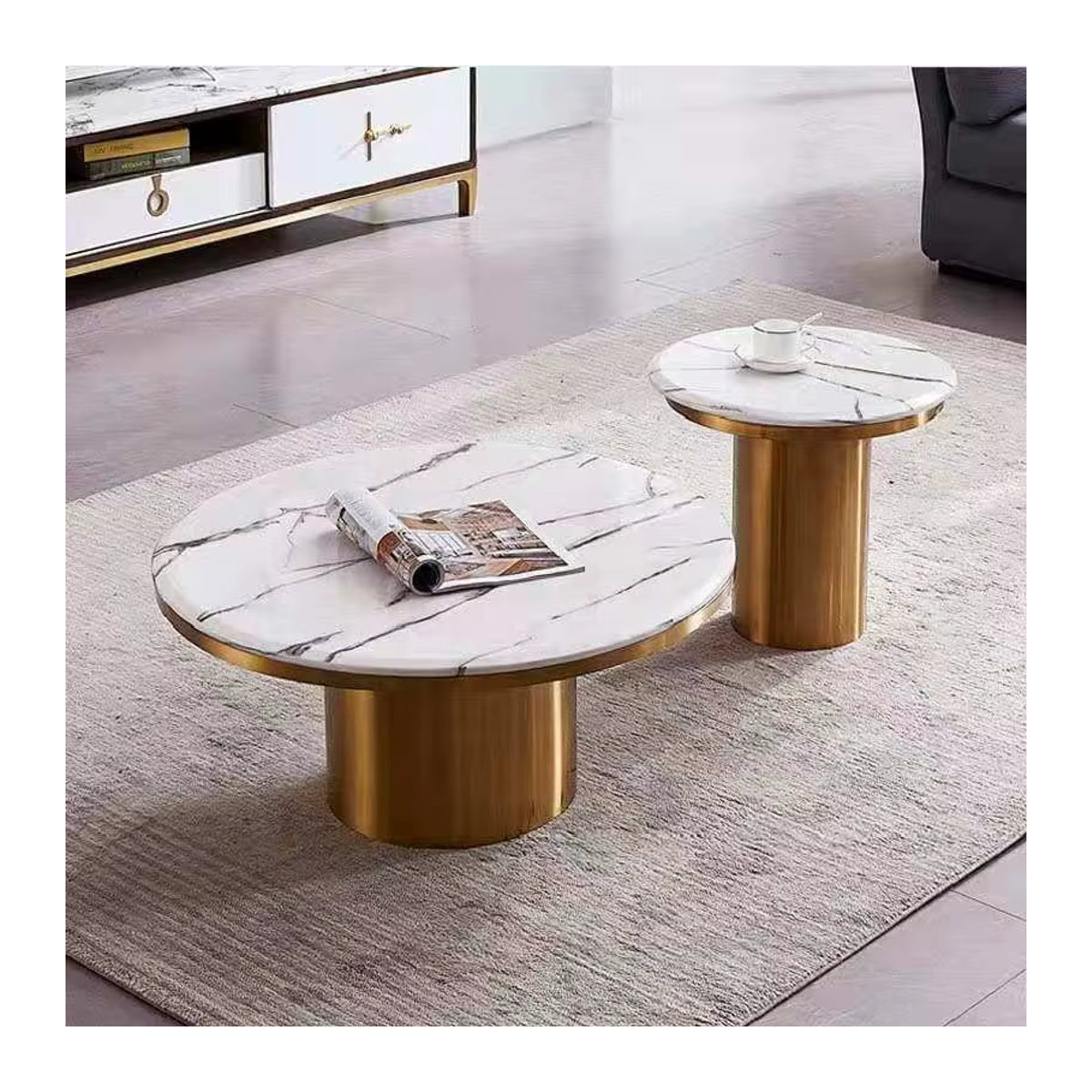 Modernes Couchtisch-Set von XMSJ mit Marmorplatte und goldenem Edelstahl in Weiß und Gold - Bild 4